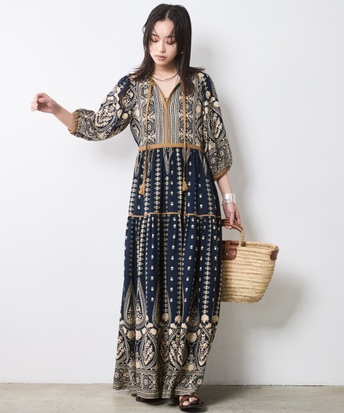 「CHIC STYLE」 7分袖ワンピース LL ブルー レディース_画像9