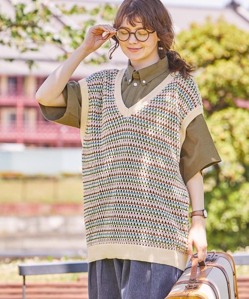 ベスト ジレ 透かし編みマルチボーダーVネックニットベスト レディース