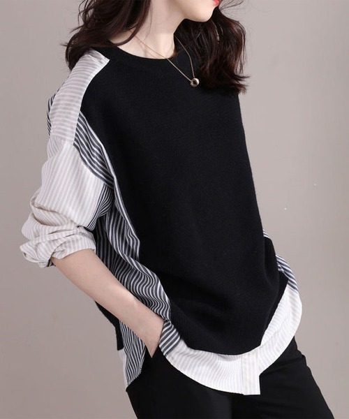 tシャツ ストライプ 異素材切り替えトップス レディース : ZOZOTOWN