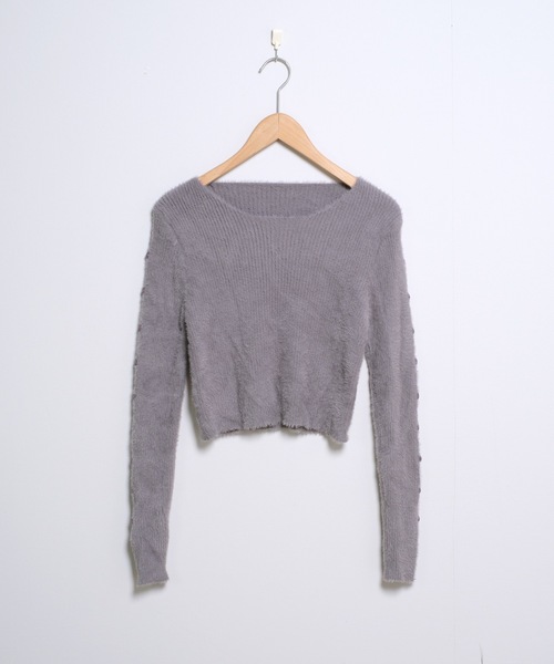 shopnikoniko ニット セーター クロップド丈 袖ボタン シャギーニット