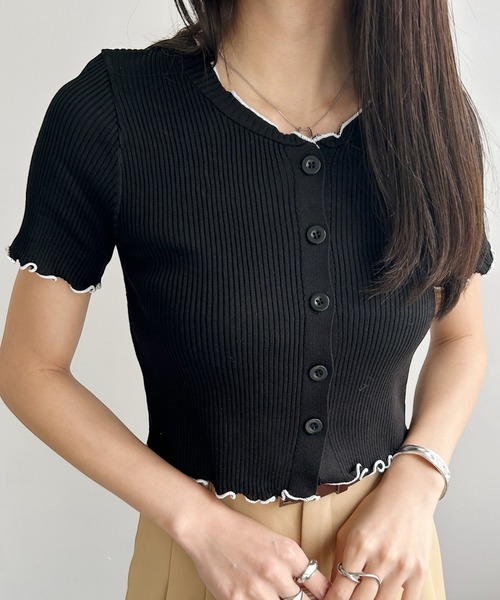 フリル付きブラッククロップドTシャツ United store tシャツ 半袖 メローフリルクロップドトップ レディース