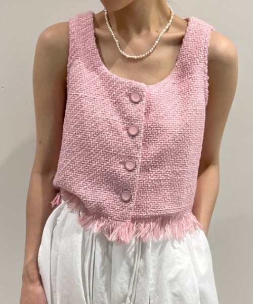 deux amour tシャツ 裾フリンジ前ボタンサマーツイードベスト