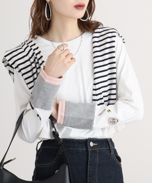 tシャツ EMAGO 袖切替え手芸刺繍ロングスリーブ レディース