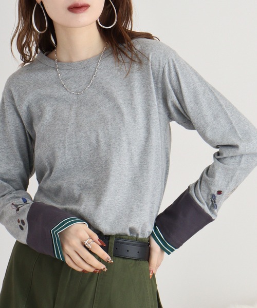 tシャツ EMAGO 袖切替え手芸刺繍ロングスリーブ レディース Emago tシャツ EMAGO 袖切替え手芸刺繍ロングスリーブ