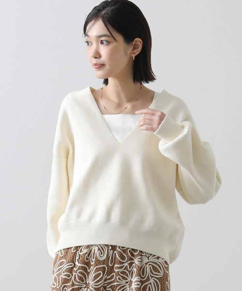 ニット セーター ダブルジャガード深Ｖネックニット レディース
