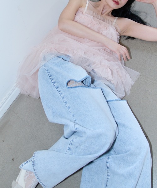 パンツ HONEY MI HONEY slash loose denim pants ジーンズ 12ozオーバーダイデニムワイドハーフパンツ/デニム