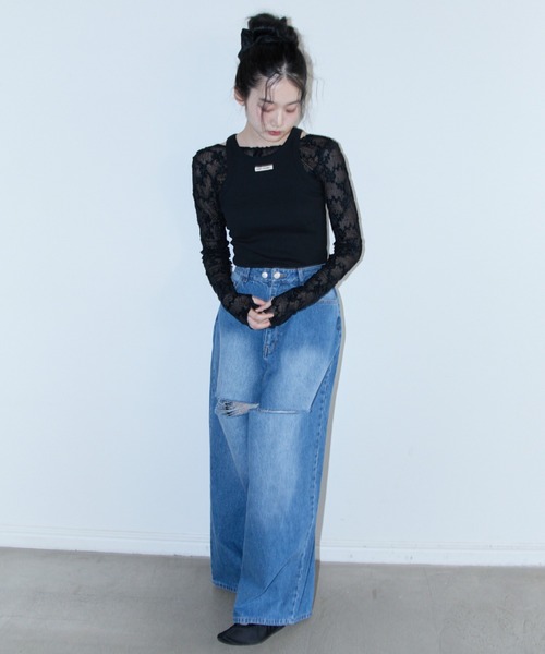 【HONEY MI HONEY 】slash loose denim pants HONEY MI HONEY OFFICIAL | 【new in】 slash loose denim pants