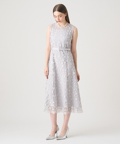 美品★ANAYI アナイ　ワンピース　テープ刺繍 ドレス【36】 シルバーグレー ANAYI（アナイ） ドレス フリンジフラワーチュール ワンピース