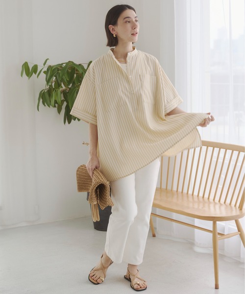 ブラウス シャツ バンドカラー チュニック シャツ / オフィスカジュアル / 通勤 / 夏服 レディースの画像