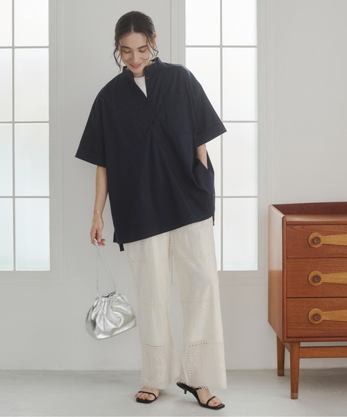 ブラウス シャツ バンドカラー チュニック シャツ / オフィスカジュアル / 通勤 / 夏服 レディースの画像