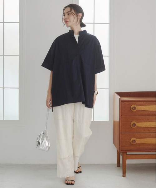 ブラウス シャツ バンドカラー チュニック シャツ / オフィスカジュアル / 通勤 / 夏服 レディースの画像