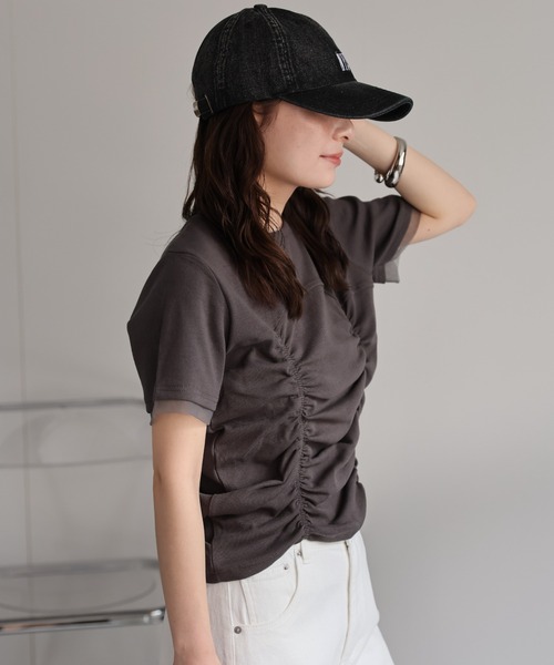 tシャツ フロントシャーリングTシャツ レディース セール】フロントシャーリング半袖T（Tシャツ/カットソー