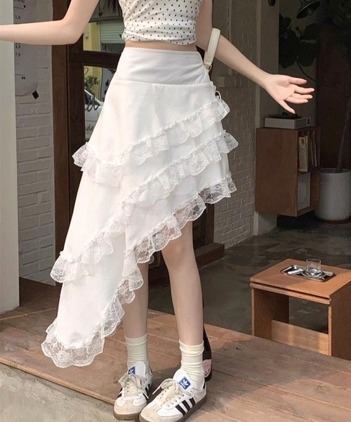 CANVAS+ スカート 「CANVAS+」レースフリルアシンメトリーティアード