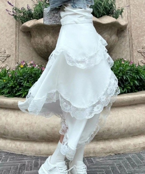 ホワイト アシンメトリー フリルデザイン スカート clear スカート アシンメトリーフリルロングスカート「大人 フェミニン