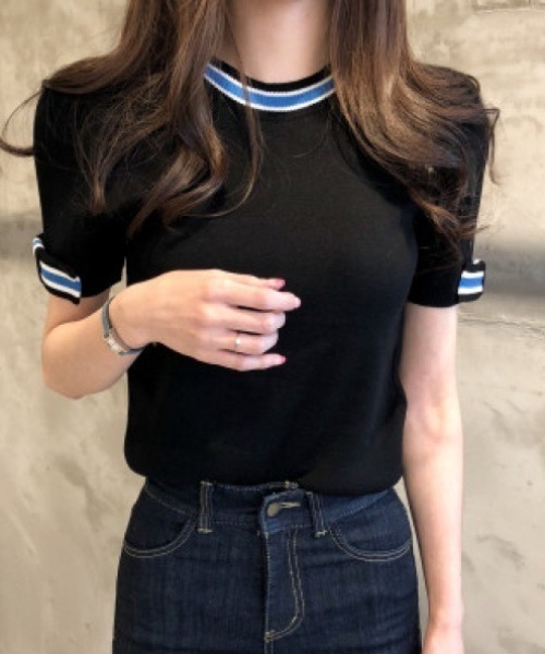 tシャツ クルーネック配色ライン入り半袖トップス レディース