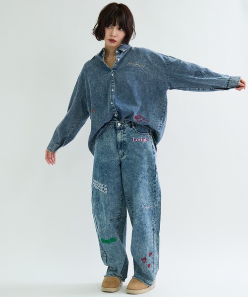 A.D.C.L. ジーンズ デニム デニムパンツ 刺繍入り バレルシルエット