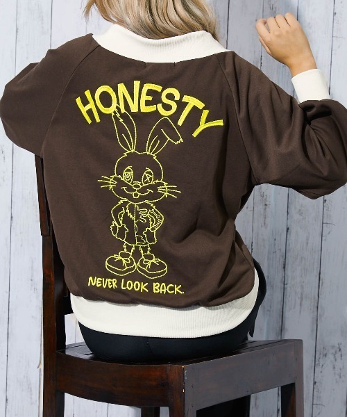 トレーナー スウェット 「オフショル×バックうさぎ刺繍」レディース 裏