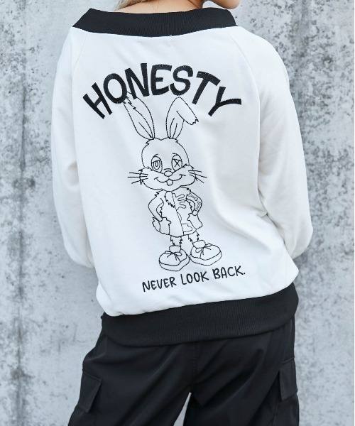 トレーナー スウェット 「オフショル×バックうさぎ刺繍」レディース 裏