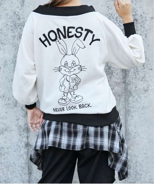 トレーナー スウェット 「オフショル×バックうさぎ刺繍」レディース 裏