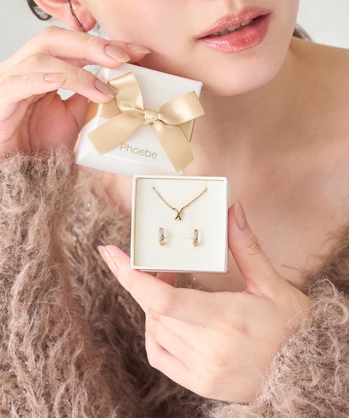 ピアス 「数量限定」金属アレルギー対応クロスネックレス＆ビジューフープピアスセット/BOX＆ショッパー付き/ギフト レディース メンズの画像