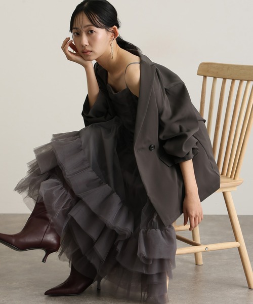 【新品未使用】atlo Aラインチュールセットドレス　ブラック Aラインチュールセットドレス | PourVous（プールヴー）パーティー