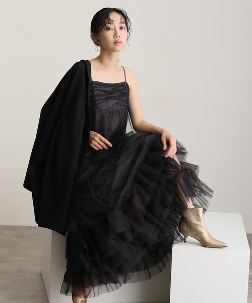 【新品未使用】atlo Aラインチュールセットドレス　ブラック Aラインチュールセットドレス | PourVous（プールヴー）パーティー