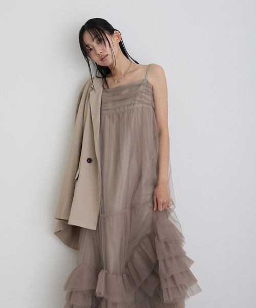 atlo ドレス チュール atlo（アトロ） ドレス ミモレ丈＆袖ありフォーマルチュールパイピング