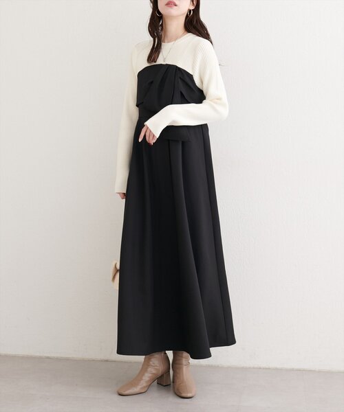 【美品】エムズグレイシー ドッキングワンピース ウール リボン柄 黒×ベージュ M'S GRACY 2024 Spring Collection | msgracy