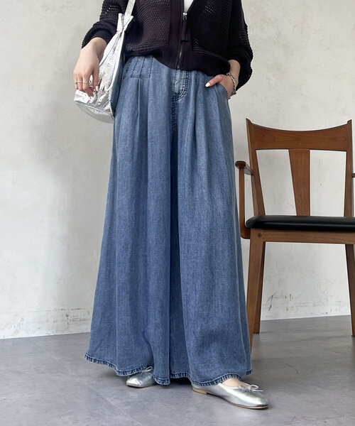 パンツ タックワイドフレアパンツ レディースの画像