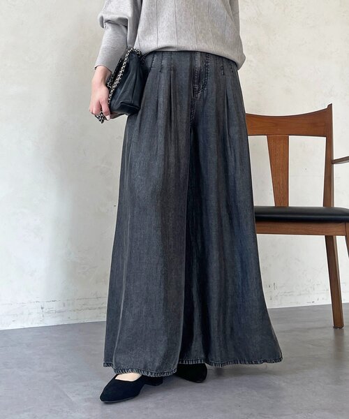パンツ タックワイドフレアパンツ レディースの画像