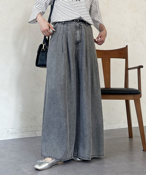 パンツ タックワイドフレアパンツ レディースの画像