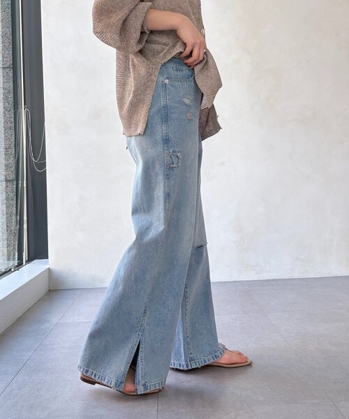 ジーンズ デニム デニムパンツ ミドルオンスダメージスリットデニム レディースの画像