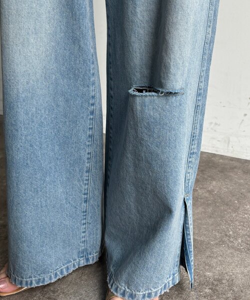 ジーンズ デニム デニムパンツ ミドルオンスダメージスリットデニム レディースの画像