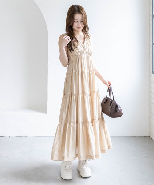 ▼24SS美品✨ プラージュ tiered ドレス ティアードVネックワンピース CLEAR BASIC ワンピース Vネックノースリーブティアードワンピース