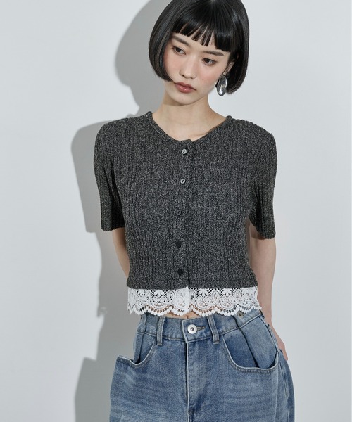【BEAUTY & YOUTH 】刺繍入りカーディガン2WAY THE Yon カーディガン 2WAYレースヘムクロップドサマーニットカーデ