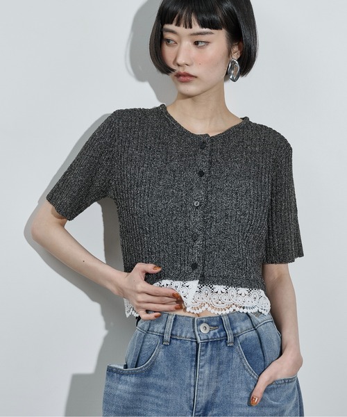 【BEAUTY & YOUTH 】刺繍入りカーディガン2WAY THE Yon カーディガン 半袖 2WAYレースヘムクロップドサマーニット