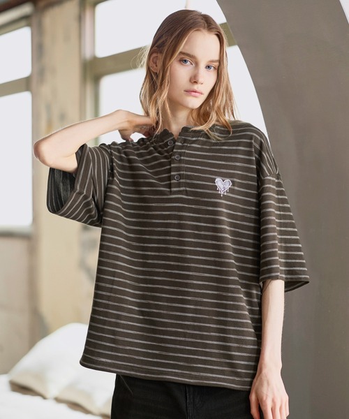 ROCHEM（ローシェン） ヘンリーネック tシャツ ハートロゴ刺繍半袖