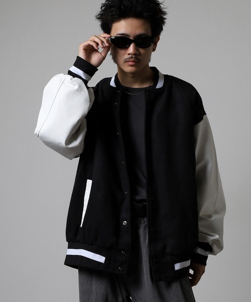 RE730 スタジャン ウールライク メルトン 袖PUレザー ビッグスタジャン