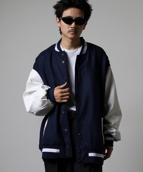 RE730 スタジャン ウールライク メルトン 袖PUレザー ビッグスタジャン