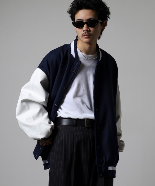 RE730 スタジャン ウールライク メルトン 袖PUレザー ビッグスタジャン