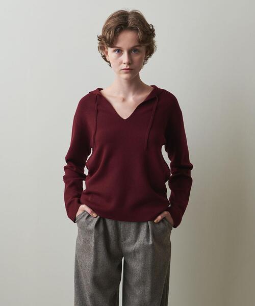 Vネック ウール ニット ミドル丈 長袖 無地ニット <Steven Alan>SAIL0R C0LLAR KNIT PULL0VER/ニット Vネック ウール ニット ミドル丈 長袖 無地ニット <Steven Alan>SAIL0R C0LLAR KNIT PULL0VER/ニット