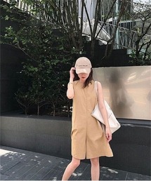 ベージュ サロペット ノースリーブ 前開き サロペット オーバーオール ノースリーブ オールインワン ワンピース