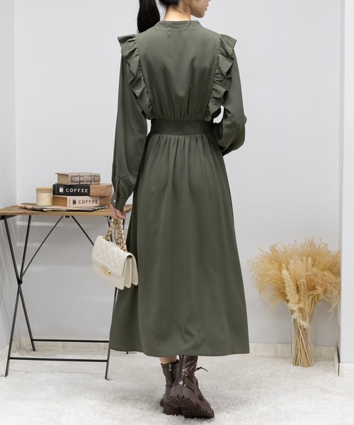 pumpkin port ワンピース ピンタック パール釦 肩フリルワンピース