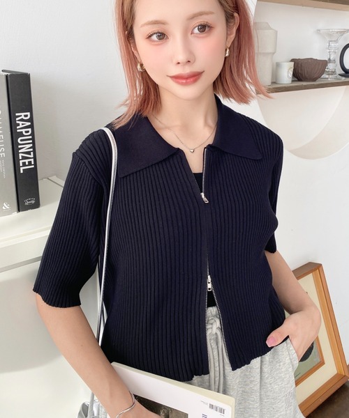 tシャツ ジップニットカーデ レディース moment+ カーディガン Wジップ衿付き半袖ニットカーディガン