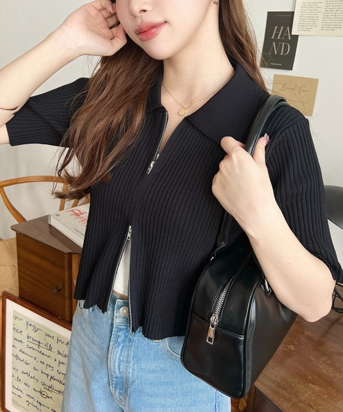 【キタムラ　Kitamura】　ジップアップ　ニット　カーディガン　チャーム付 キタムラ Kitamura】 ジップアップ ニット カーディガン