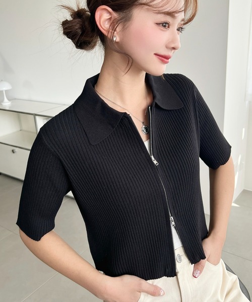 moment+ カーディガン Wジップ衿付き半袖ニットカーディガン