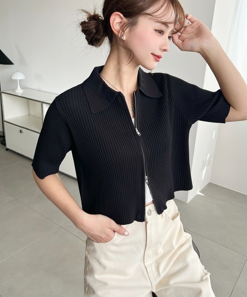 moment+ カーディガン Wジップ衿付き半袖ニットカーディガン