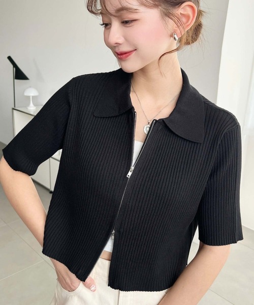 moment+ カーディガン Wジップ衿付き半袖ニットカーディガン