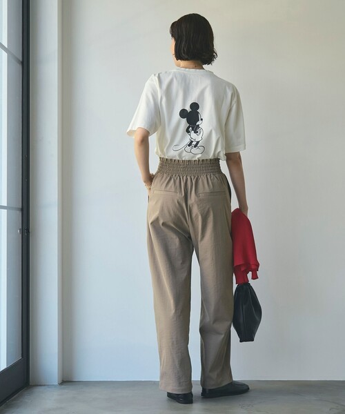 【RECTO】ギャザードウエストバンドウールブレンドパンツ ウールリネン ウエストギャザー ワイドパンツ ロング丈/生成オフ