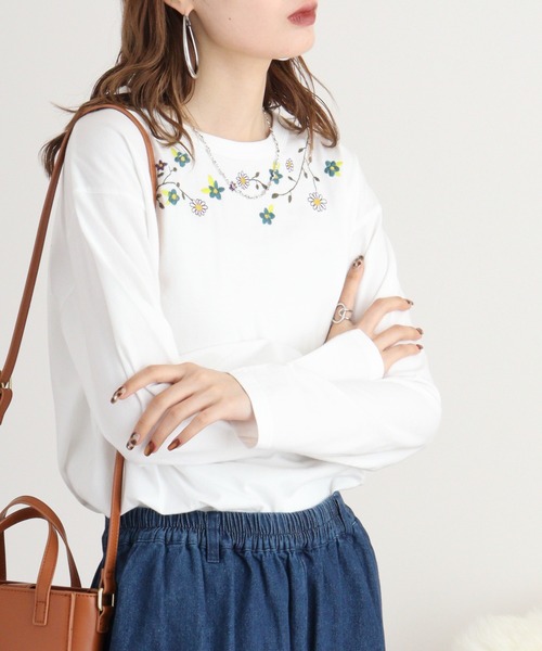Emago tシャツ EMAGO お花刺繍プルオーバー レディース